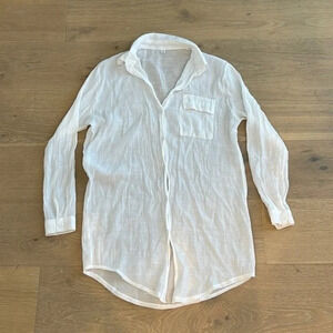 Women’s White Button Down Long Sleeve Shirt Beach Cover Up Sheer Gauzy Blouse